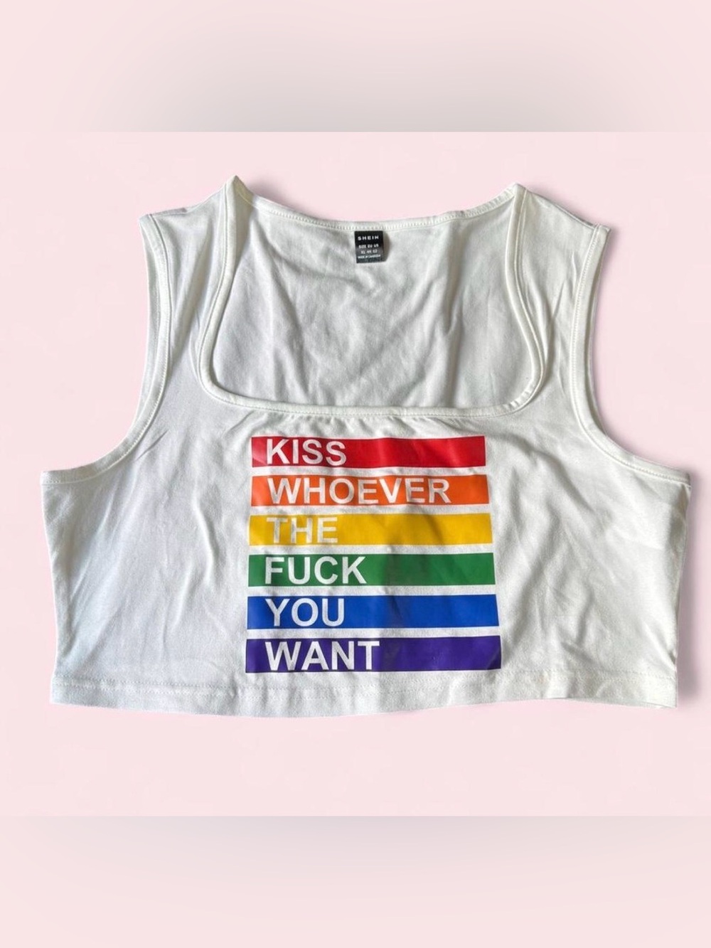 SHEIN White Crop Tank Top with Rainbow Pride Slogan